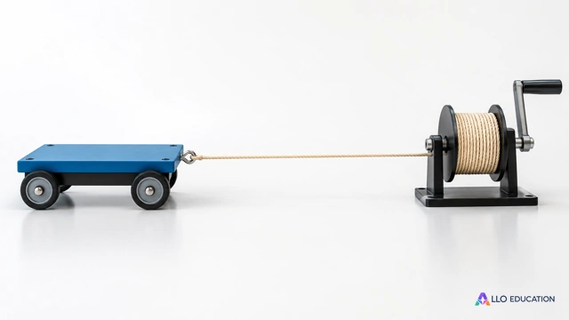 Un petit chariot de laboratoire et une corde tendue reliée à une bobine de treuil unie sur fond clair.