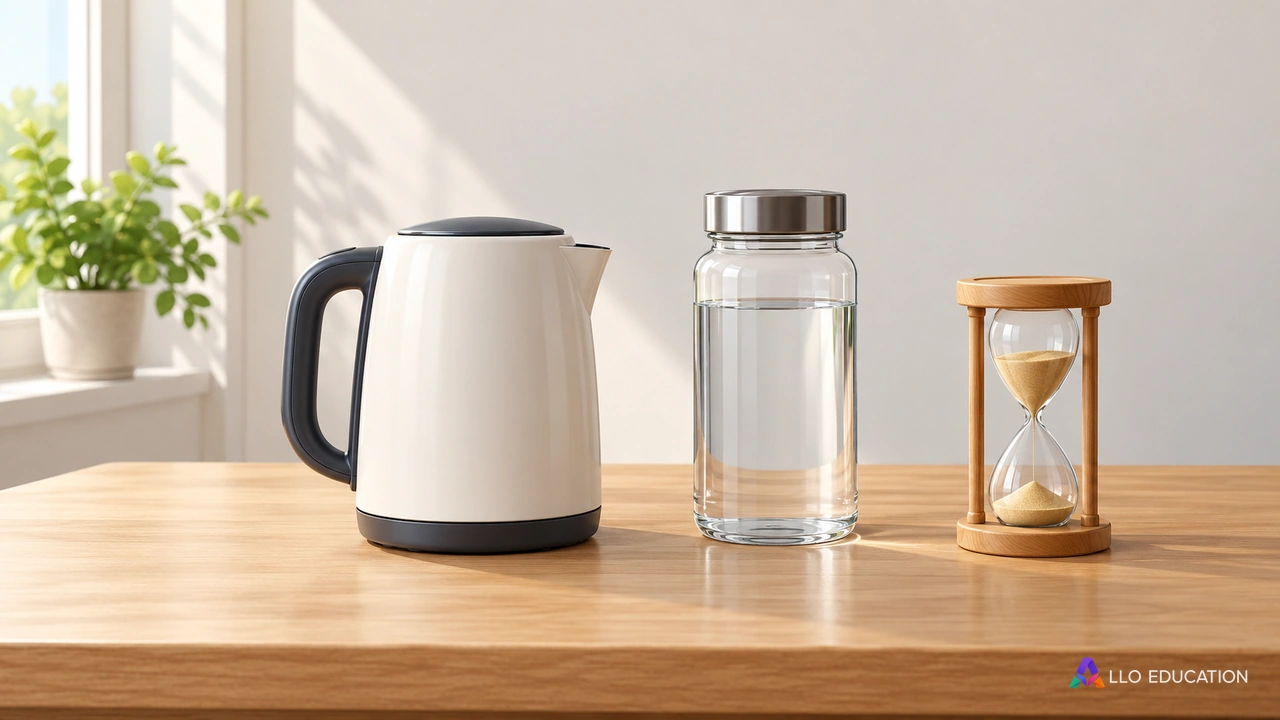 A plain inactive kettle and an unmarked hourglass invite a question about energy over time.