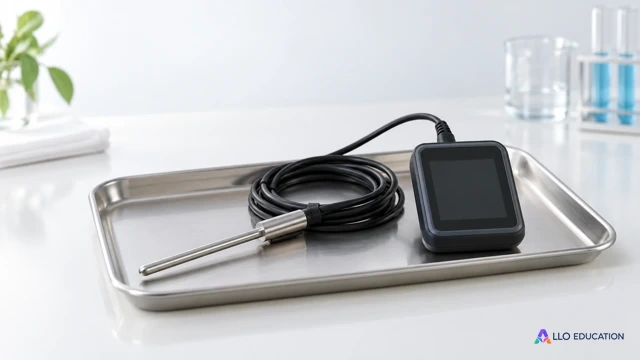 Sonde métallique reliée à un boîtier de mesure vierge sur un plateau.
