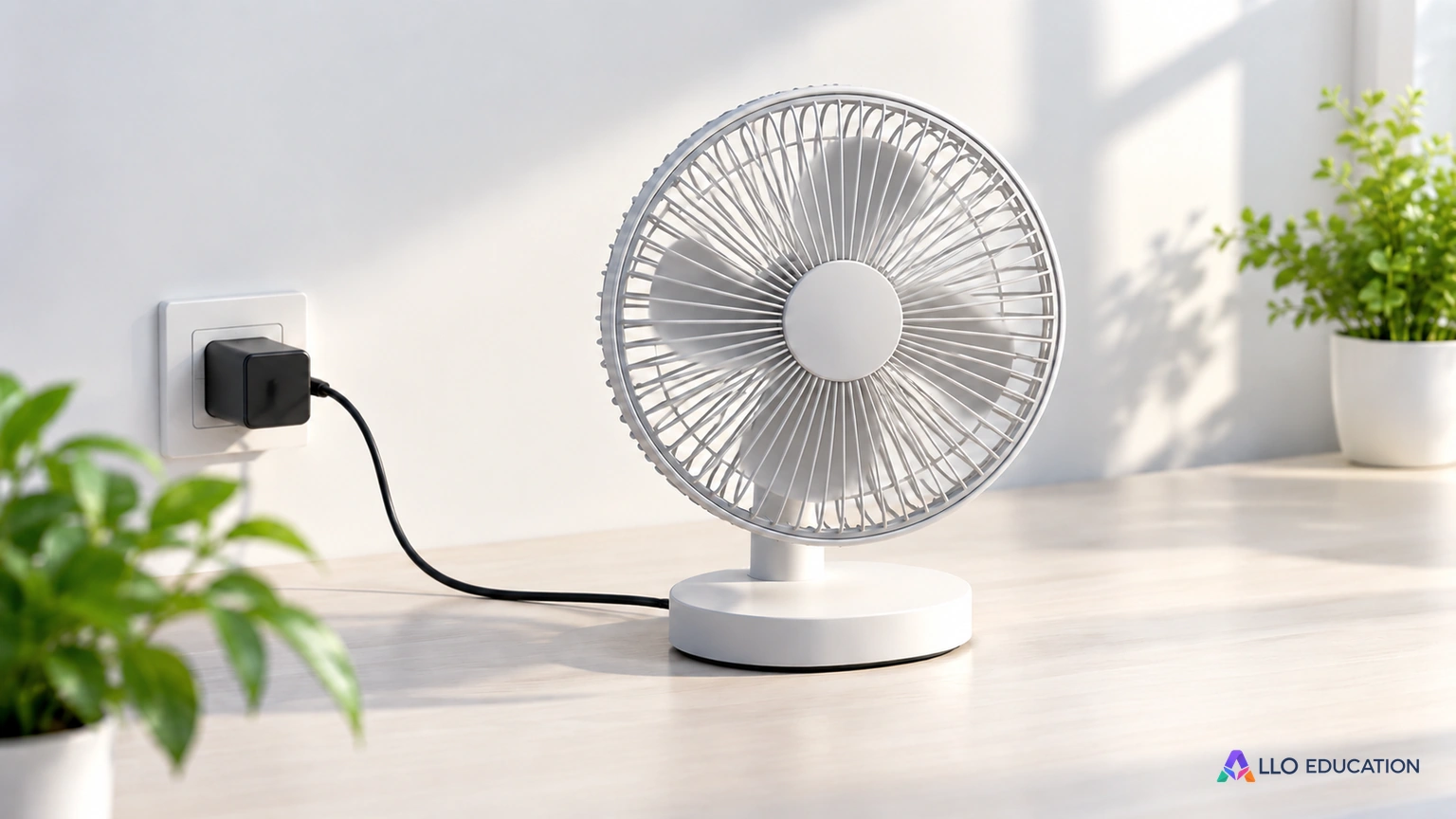 Un ventilateur de table évoque une conversion de l’énergie électrique en mouvement.
