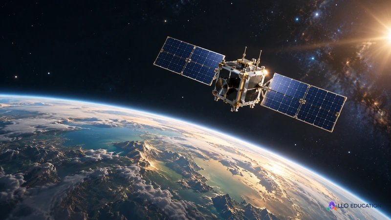Un satellite artificiel au-dessus du limbe d’une planète.